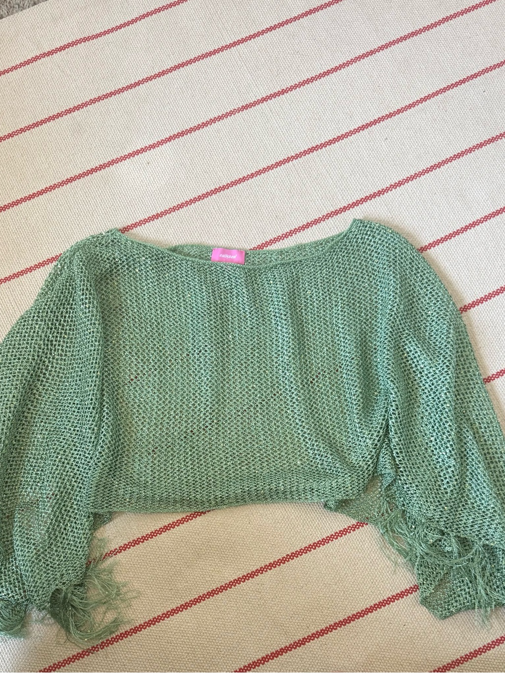 Edikted Mint Green Open-Knit Off-Shoulder Crop Sweater